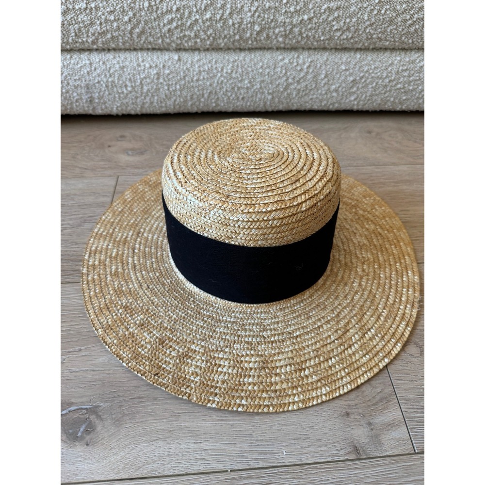 A New Day Natural Straw Boater Hat Wide Brim Black Ribbon Band Women's One Size